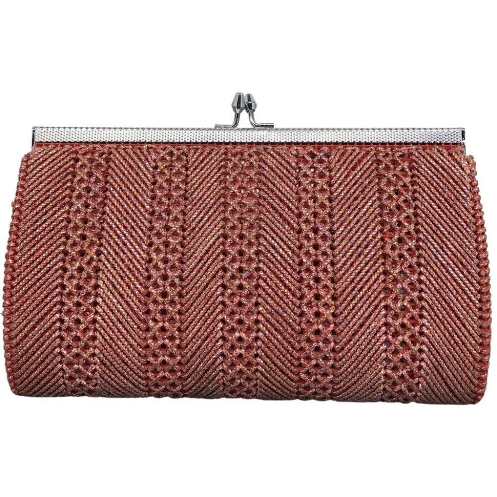 Pink Salmon shade sparkly crochet Metallic Clutch handheld clasp Purse